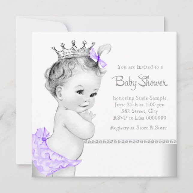 Invitación Elegante Baby Shower morado y plateado (Anverso)