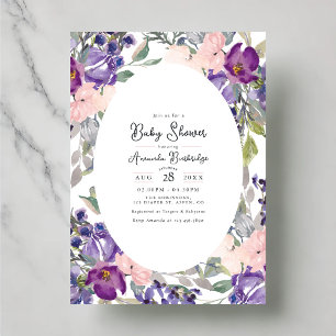 Invitación Elegante Baby Shower morado y rosa floral