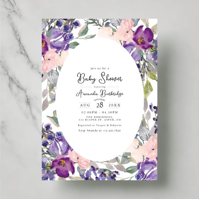 Invitación Elegante Baby Shower morado y rosa floral (Elegant Purple and Pink Floral Baby Shower Invitation)