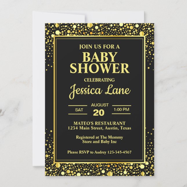 Invitación Elegante Baby Shower negro y dorado (Anverso)