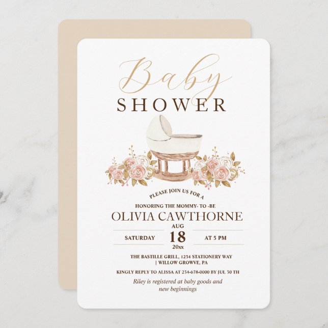 Invitación Elegante Baby Shower neutral (Anverso / Reverso)