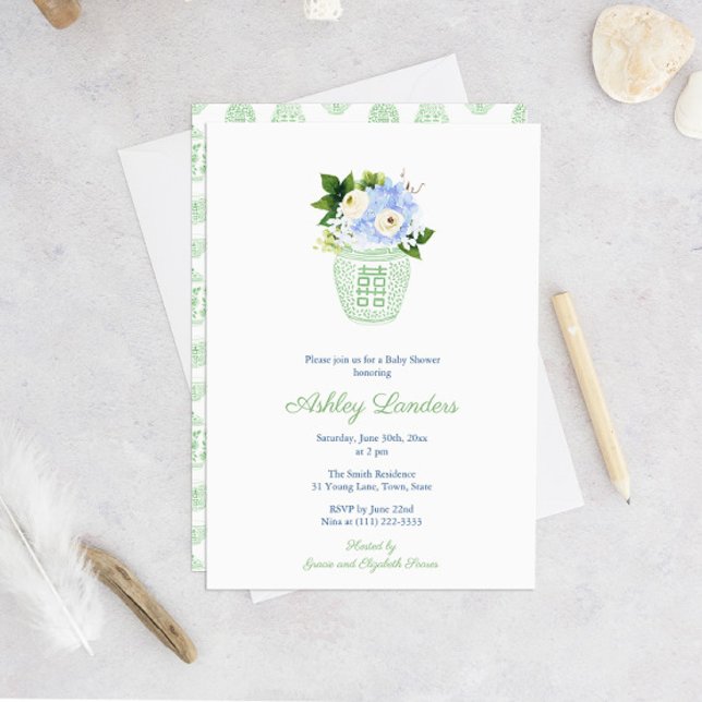 Invitación Elegante Baby Shower Neutral de género blanco Pist (Gender Neutral Green And White Watercolor Floral Baby Shower Invitation)