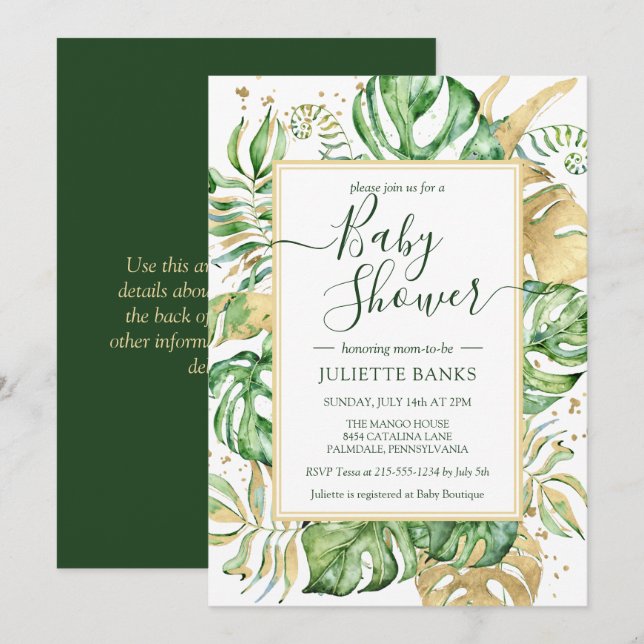 Invitación Elegante Baby Shower neutral de género tropical (Anverso / Reverso)