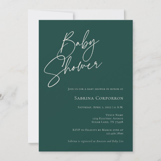 Invitación Elegante Baby Shower neutral de género | Verde osc (Anverso)