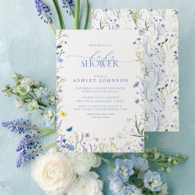 Invitación Elegante Baby Shower neutro de género azul de flor (Easily personalize this sweet baby shower invitation with your unique details)
