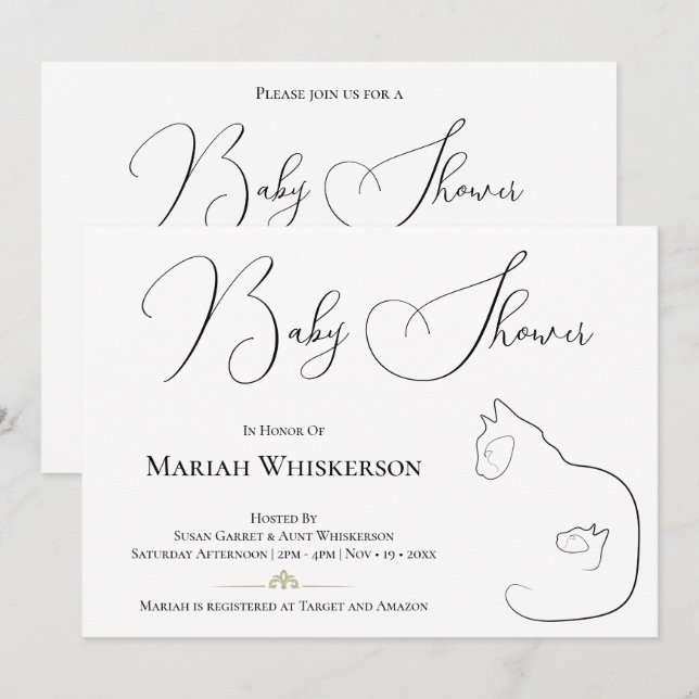 Invitación Elegante Baby Shower para el gato negro y blanco (Anverso / Reverso)