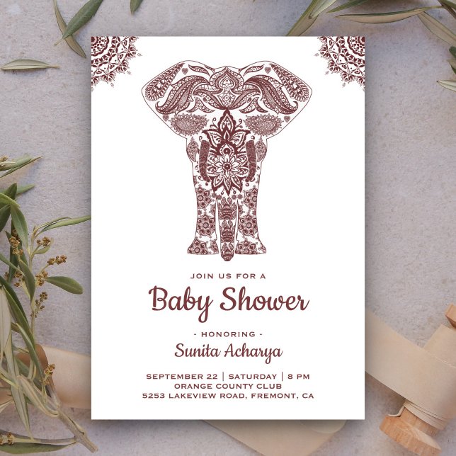 Invitación Elegante Baby Shower para elefantes indios Henna B (Subido por el creador)