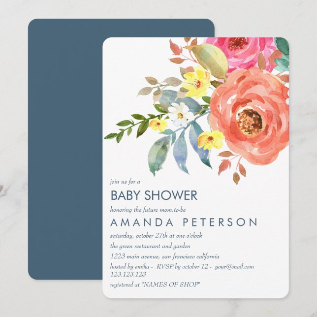 Invitación Elegante Baby Shower Peach Pink and blue Peonies (Anverso / Reverso)