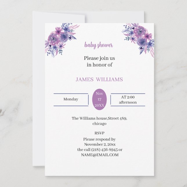Invitación Elegante Baby Shower personalizado con flores mora (Anverso)