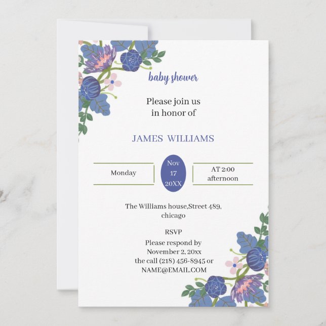 Invitación Elegante Baby Shower personalizado con flores mora (Anverso)
