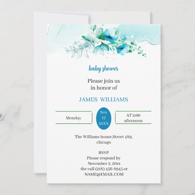 Invitación Elegante Baby Shower personalizado de flor azul (Anverso)
