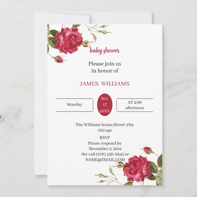 Invitación Elegante Baby Shower personalizado de flor roja (Anverso)