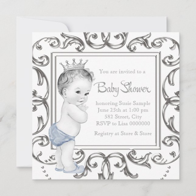 Invitación Elegante Baby Shower Príncipe Azul (Anverso)