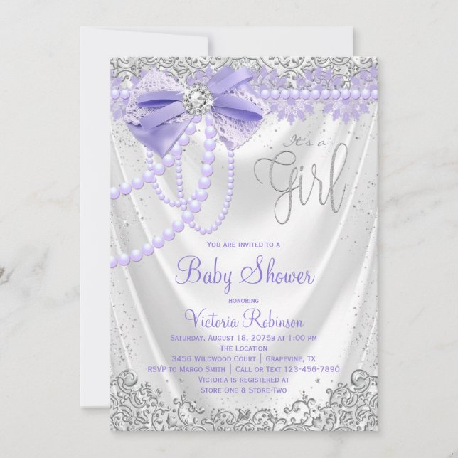 Invitación Elegante Baby Shower Purple Diamond Pearl (Anverso)