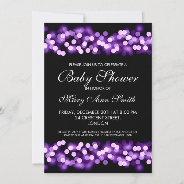 Invitación Elegante Baby Shower Purple Hollywood Glam (Anverso)