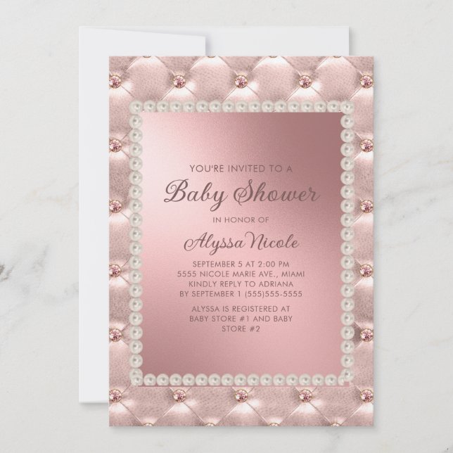 Invitación Elegante Baby Shower Rosa Gold White Pearl (Anverso)