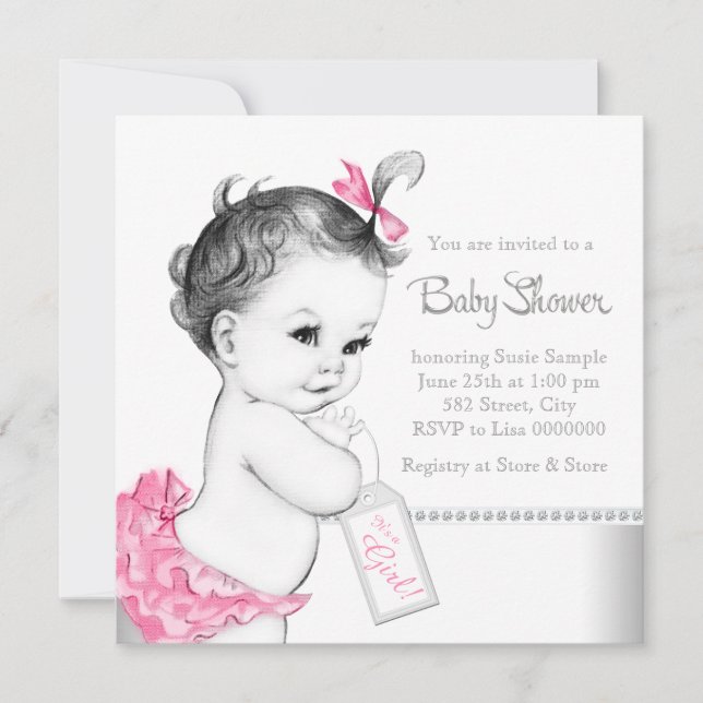 Invitación Elegante Baby Shower rosa y gris (Anverso)