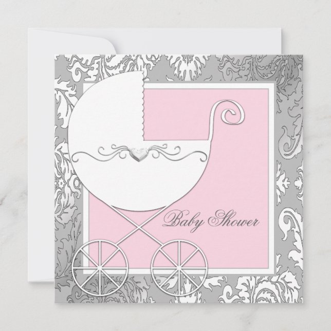 Invitación Elegante Baby Shower rosa y gris (Anverso)