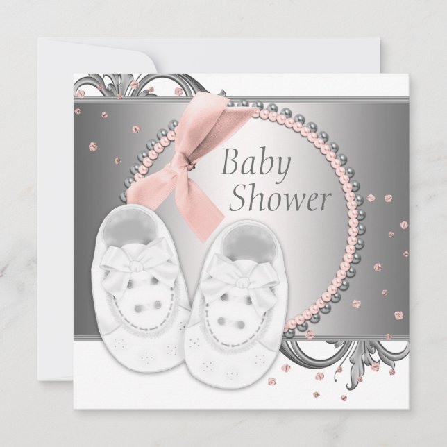 Invitación Elegante Baby Shower rosa y gris (Anverso)