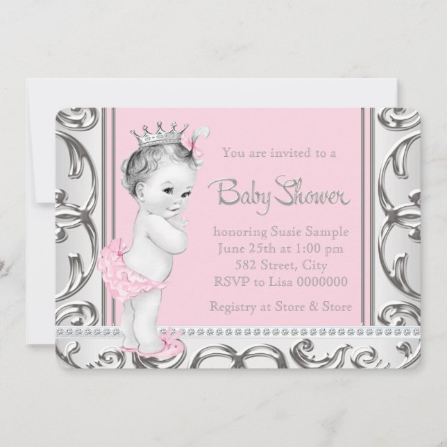 Invitación Elegante Baby Shower rosa y plateado (Anverso)