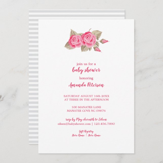 Invitación Elegante Baby Shower rosa y rosa blanco (Anverso / Reverso)
