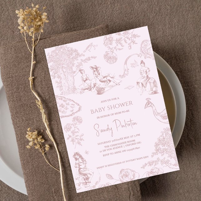 Invitación Elegante Baby Shower rosado de Jouy Picnic (Subido por el creador)