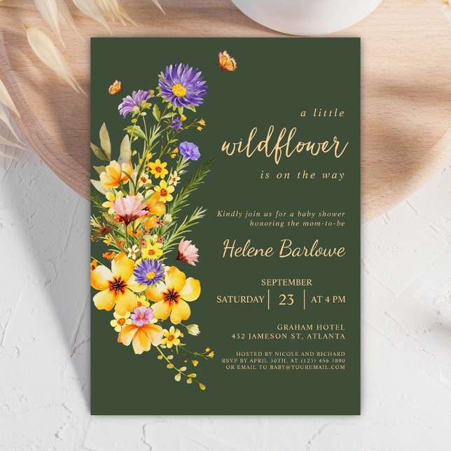 Invitación Elegante Baby Shower rústico moderno con flores si (Wildflower Elegant Modern Rustic Baby Shower Invitation)