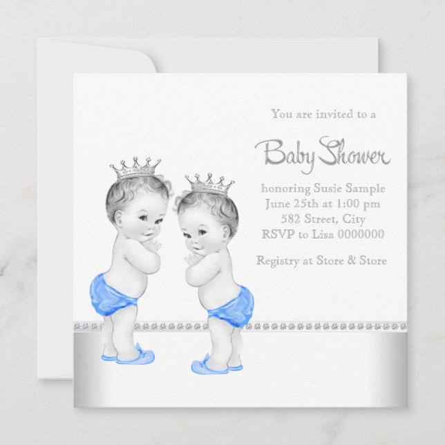 Invitación Elegante Baby Shower Silver y Blue Twin Boy (Anverso)