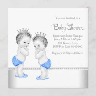 Invitación Elegante Baby Shower Silver y Blue Twin Boy