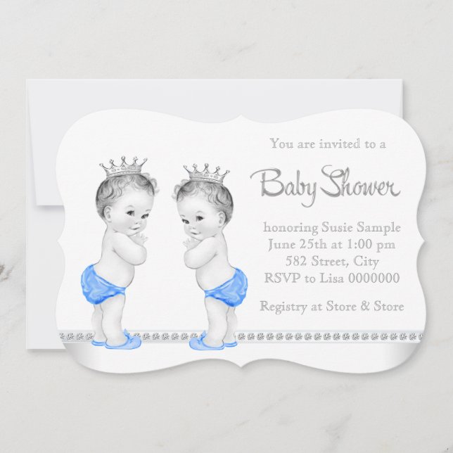 Invitación Elegante Baby Shower Silver y Blue Twin Boy (Anverso)