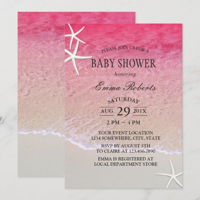 Invitación Elegante Baby Shower Starfish Pink Beach (Anverso / Reverso)