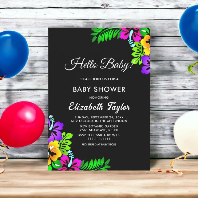 Invitación Elegante Baby Shower tropical rústico negro floral (Subido por el creador)