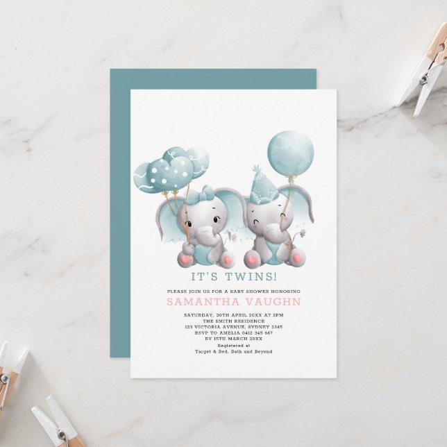 Invitación Elegante Baby Shower Twin Elephant (Anverso/Reverso In Situ)