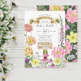 Invitación Elegante Baby Shower verde de abeja y flor silvest