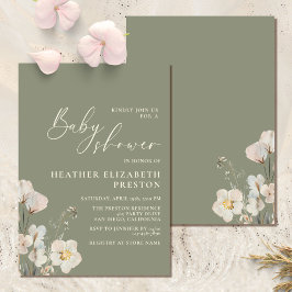 Invitación Elegante Baby Shower verde de flor silvestre
