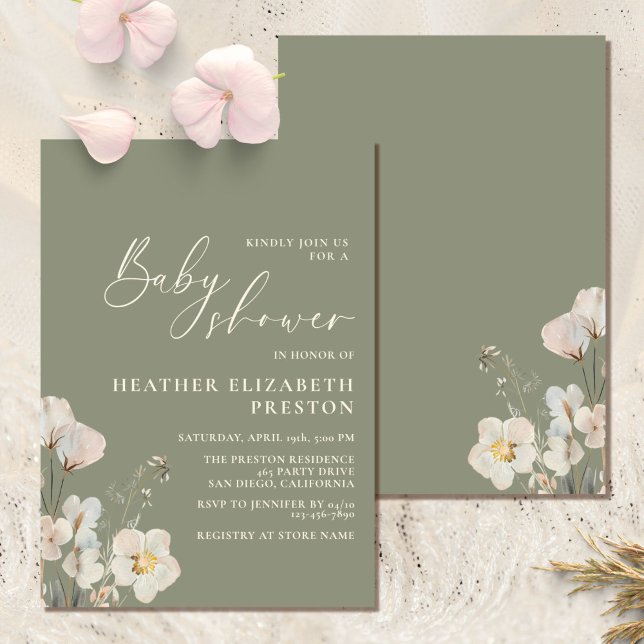 Invitación Elegante Baby Shower verde de flor silvestre (Subido por el creador)