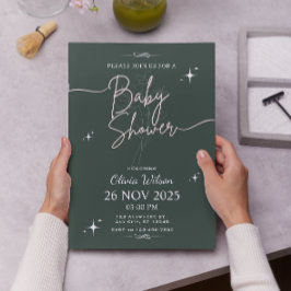 Invitación Elegante Baby Shower verde de sabio mínimo