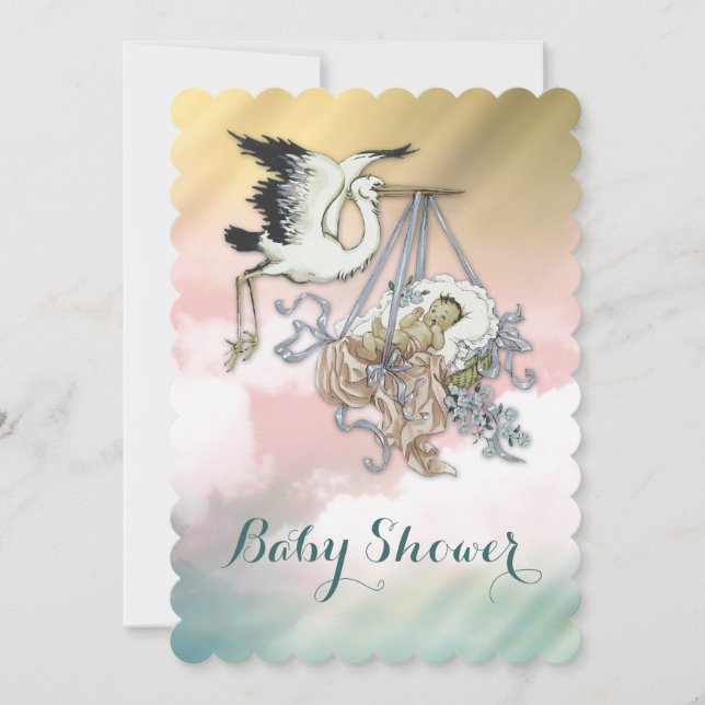 Invitación Elegante Baby Shower vintage Stork (Anverso)