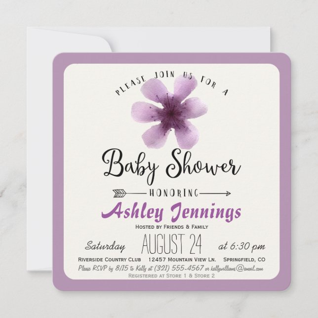 Invitación Elegante Baby Shower violeta morado floral (Anverso)