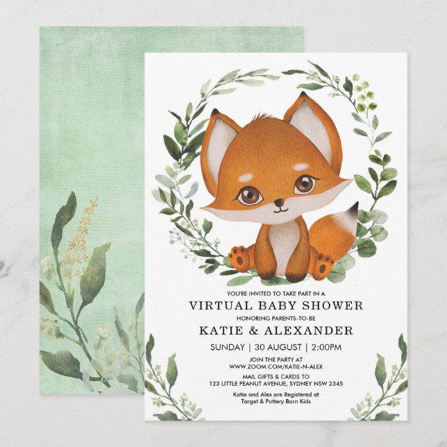Invitación Elegante Baby Shower virtual de Fox Green por corr (Anverso / Reverso)