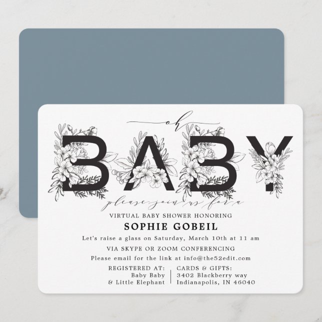 Invitación Elegante Baby Shower VIRTUTAL Floral Azul (Anverso / Reverso)