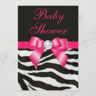 Invitación Elegante Baby Shower Zebra Stripes Hot Pink Bow