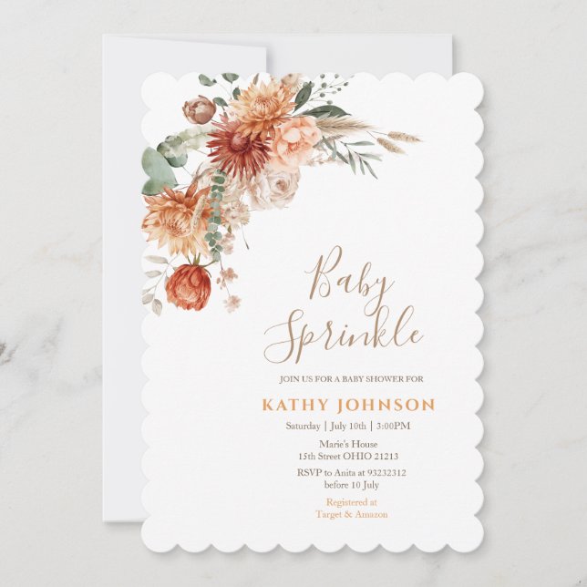 Invitación Elegante Baby Sprinkle Terracota Floral Baby Showe (Anverso)