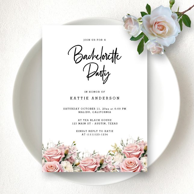 Invitación Elegante Bachelorette con escritura floral rosa (Modern Rose Blooms Bachelorette Party Invitation)