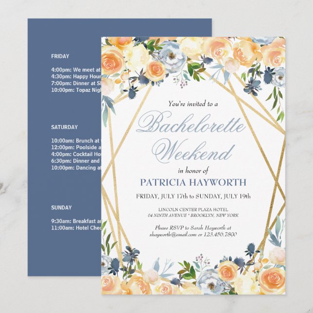 Invitación Elegante Bachelorette Floral Azul Itinerario Fin d (Anverso / Reverso)