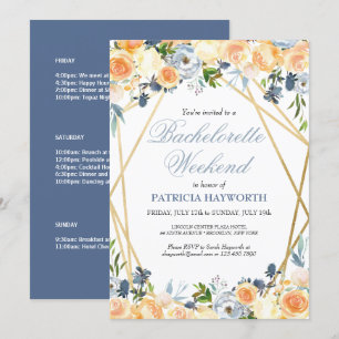 Invitación Elegante Bachelorette Floral Azul Itinerario Fin d