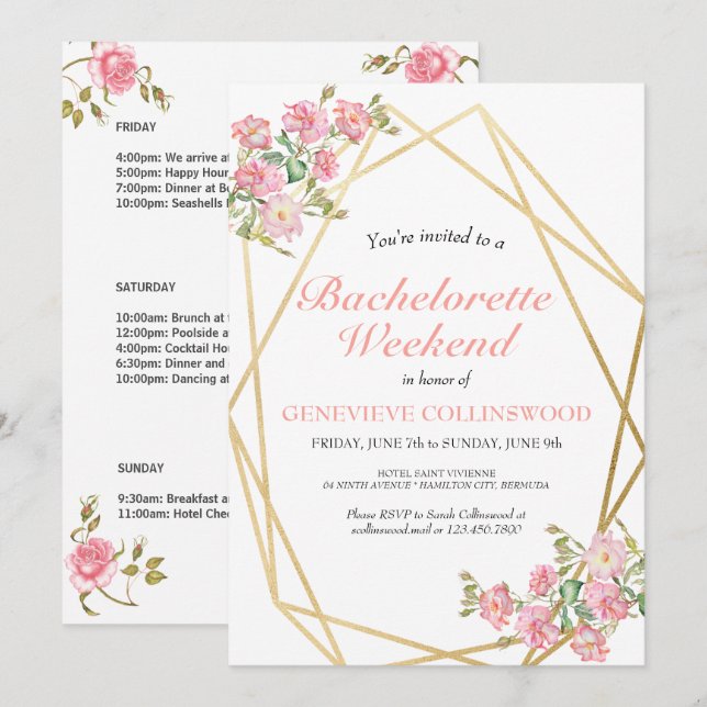 Invitación Elegante Bachelorette Floral Fin de Semana Itinera (Anverso / Reverso)