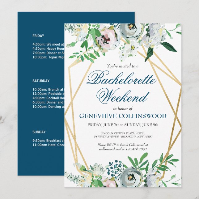 Invitación Elegante Bachelorette Floral Fin de Semana Itinera (Anverso / Reverso)