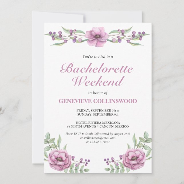 Invitación Elegante Bachelorette Floral Rosa Itinerario Fin d (Anverso)