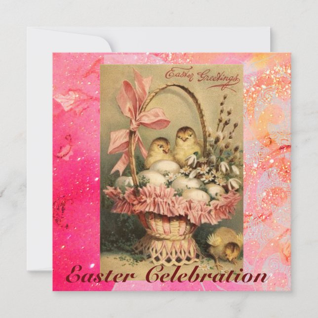 INVITACIÓN ELEGANTE BAHILLA, POLLOS, FLORES Y HUEVOS ORIENTAL (Anverso)